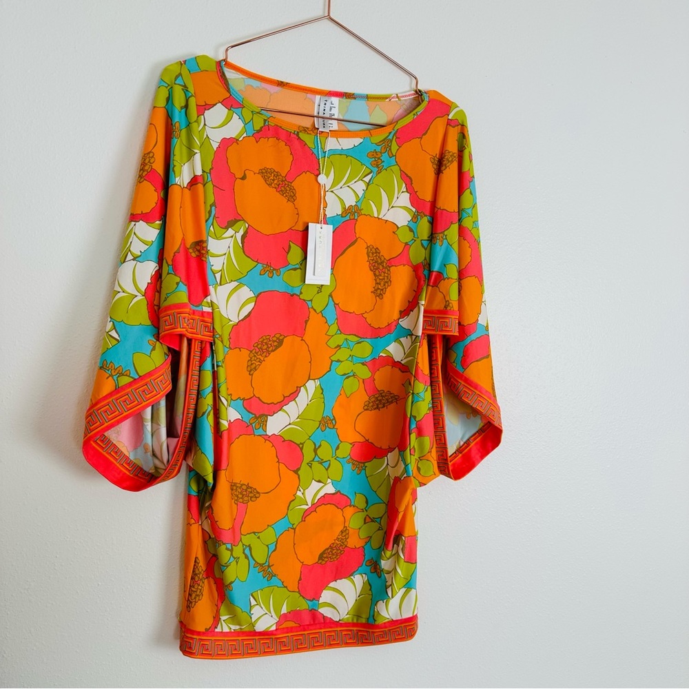 New Trina Turk Playa de Flor Swim Drape Sleeve Boatneck Tunic Floral Mini Dress - Picture 5 of 6